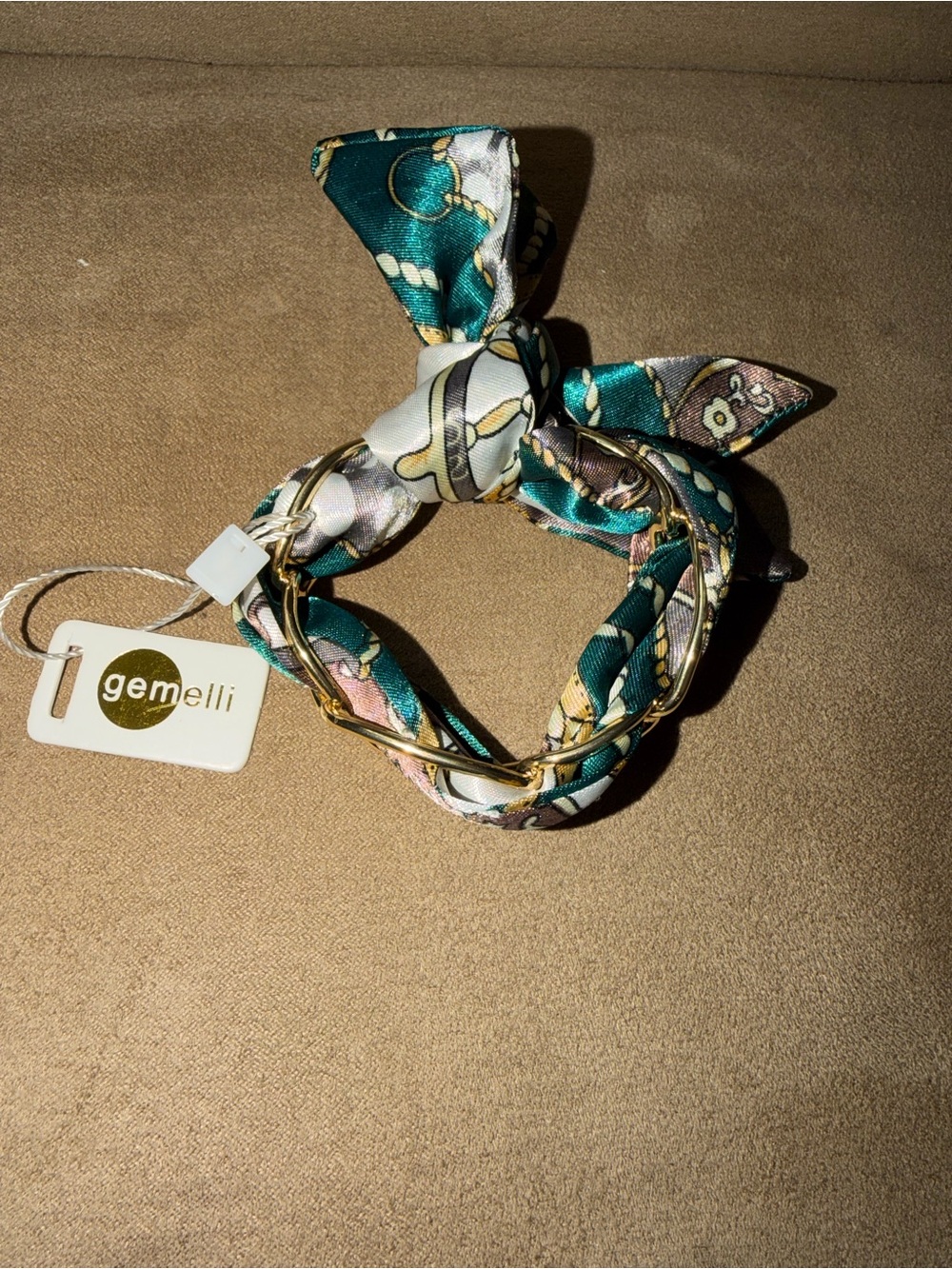 Gemelli Teal and White Patterned Silk Scarf Hair Tie with Gold Chain Accent